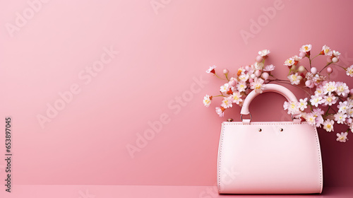 Beautiful minimal style female leather handbag with fresh flowers on flat background with copy space, banner template. Store trendy woman's accessories. 