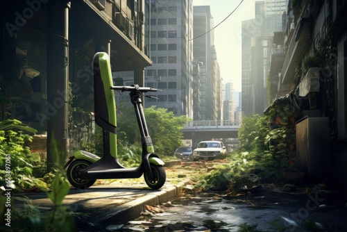 Futuristic electric scooter in a post-apocalyptic city. Generative AI.