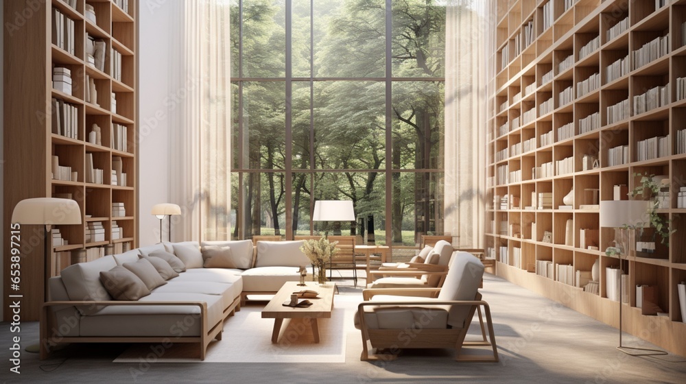 a contemporary library interior with minimalist design, muted colors, and sustainable materials that foster quiet contemplation