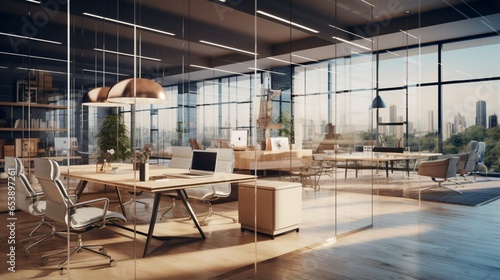 a contemporary office space where cool, neutral colors and glass surfaces create an atmosphere of productivity and focus