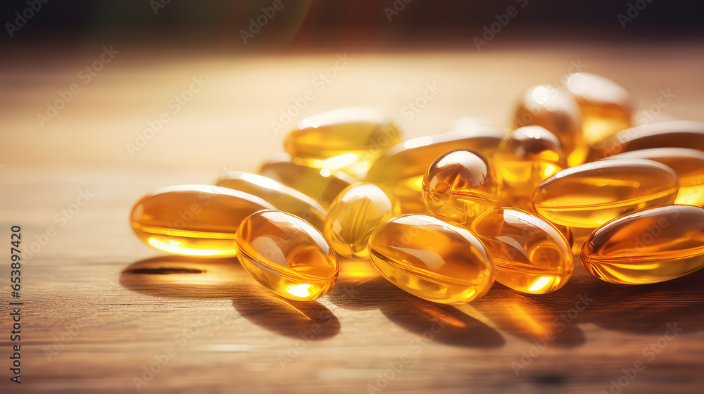 Close-up of yellow capsules with fish oil scattered on a wooden table, copy space. Close-up of yellow capsules with fish oil scattered on a wooden table, copy space.