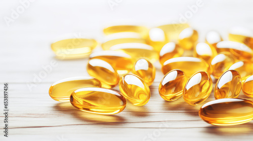 Close-up of yellow capsules with fish oil scattered on a wooden table, copy space.