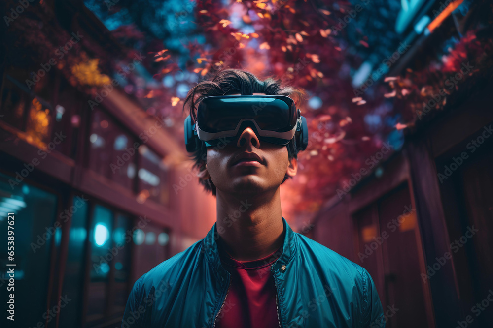 Young man wearing virtual reality goggles in a city street. Technology concept. Young man wearing virtual reality goggles in a city street. Technology concept.