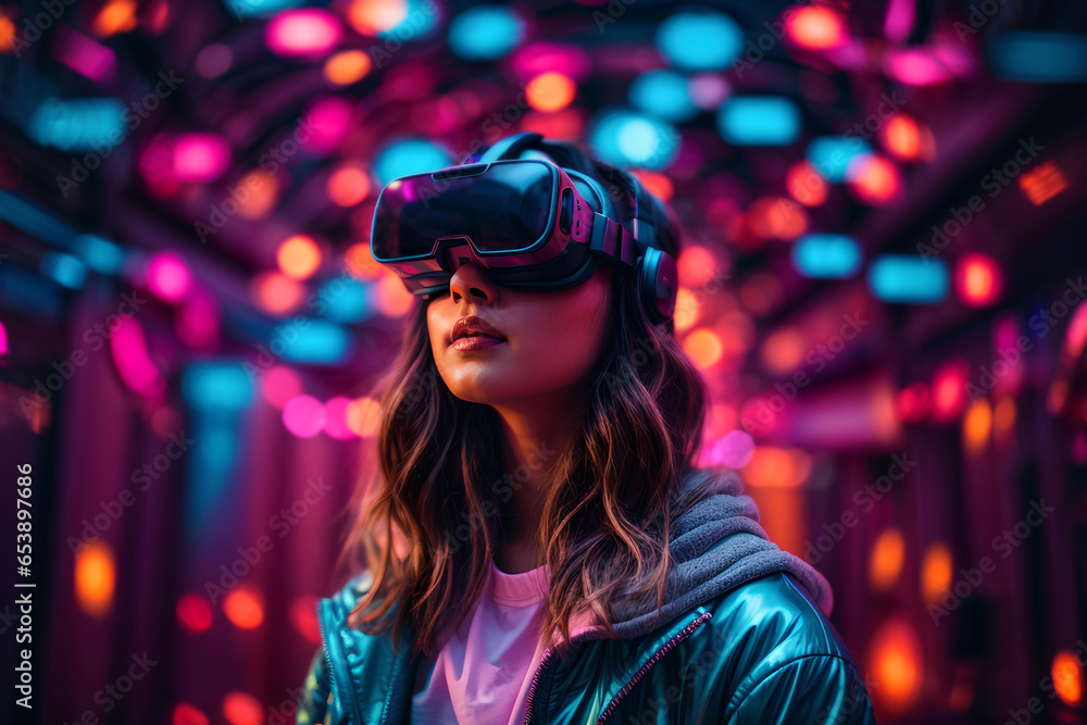 Young woman wearing virtual reality goggles in the neon colored night city. Future technology concept. Young woman wearing virtual reality goggles in the neon colored night city. Future technology concept.