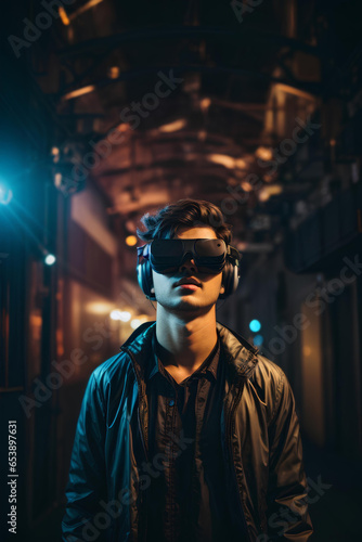 Young man wearing virtual reality glasses in a city street. Technology concept.