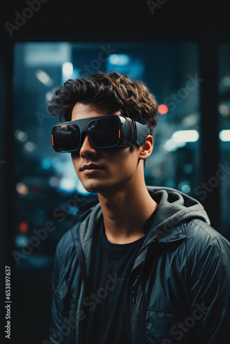 Young man wearing virtual reality glasses in a city street. Technology concept.