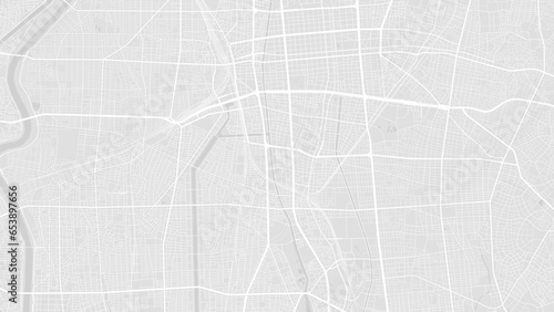 Background Nagoya map, Japan, white and light grey city poster. Vector map with roads and water. Widescreen proportion, flat design roadmap.