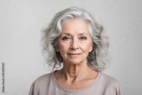 Beautiful senior woman with grey hair isolated on grey background. Healthy face skin care beauty, skincare cosmetics.