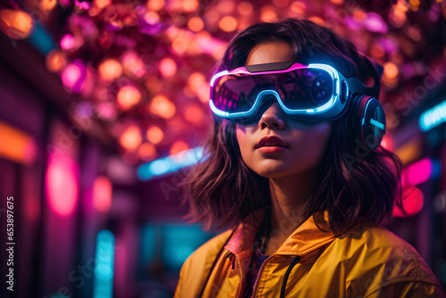 Young woman wearing virtual reality goggles in the neon colored night city. Future technology concept.