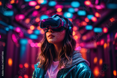 Young woman wearing virtual reality goggles in the neon colored night city. Future technology concept.