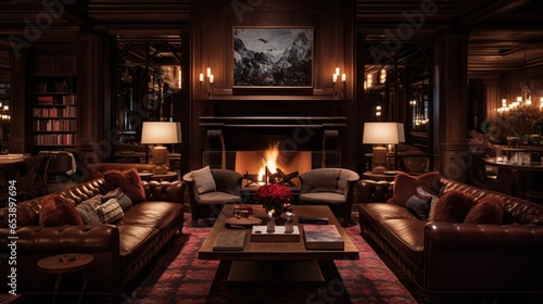 a cozy fireplace lounge with plush sofas and a crackling fire, where warmth and comfort converge on chilly evenings