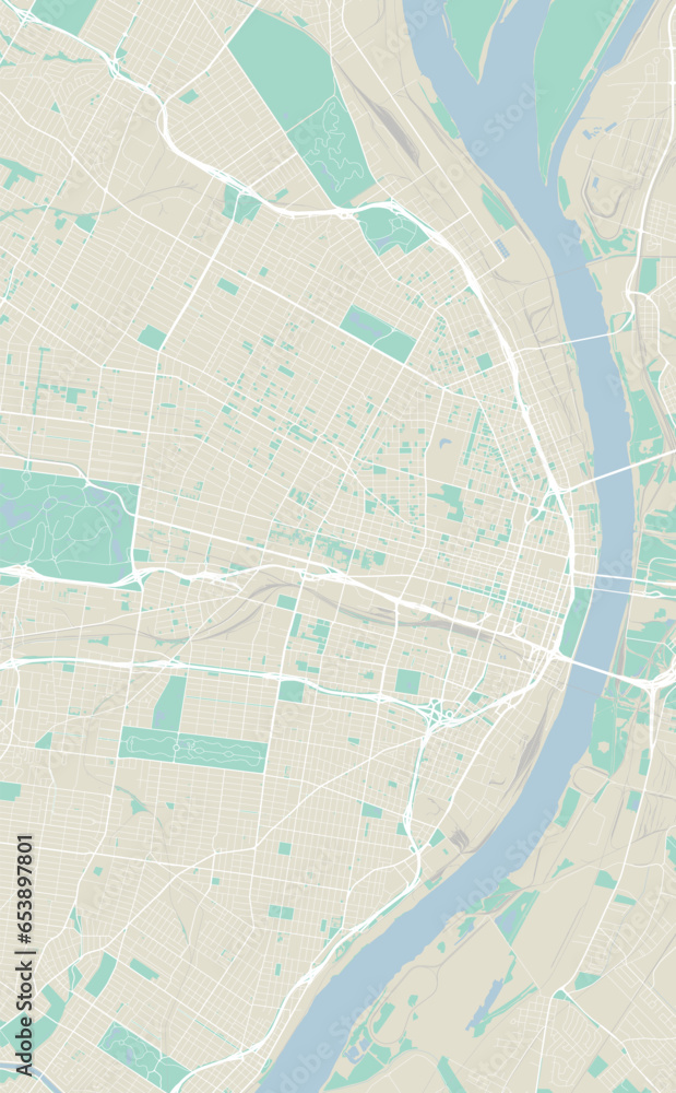 Obraz premium Detailed map of St. Louis city, Missouri, United States. Municipal administrative area map with rivers and roads, parks and railways.