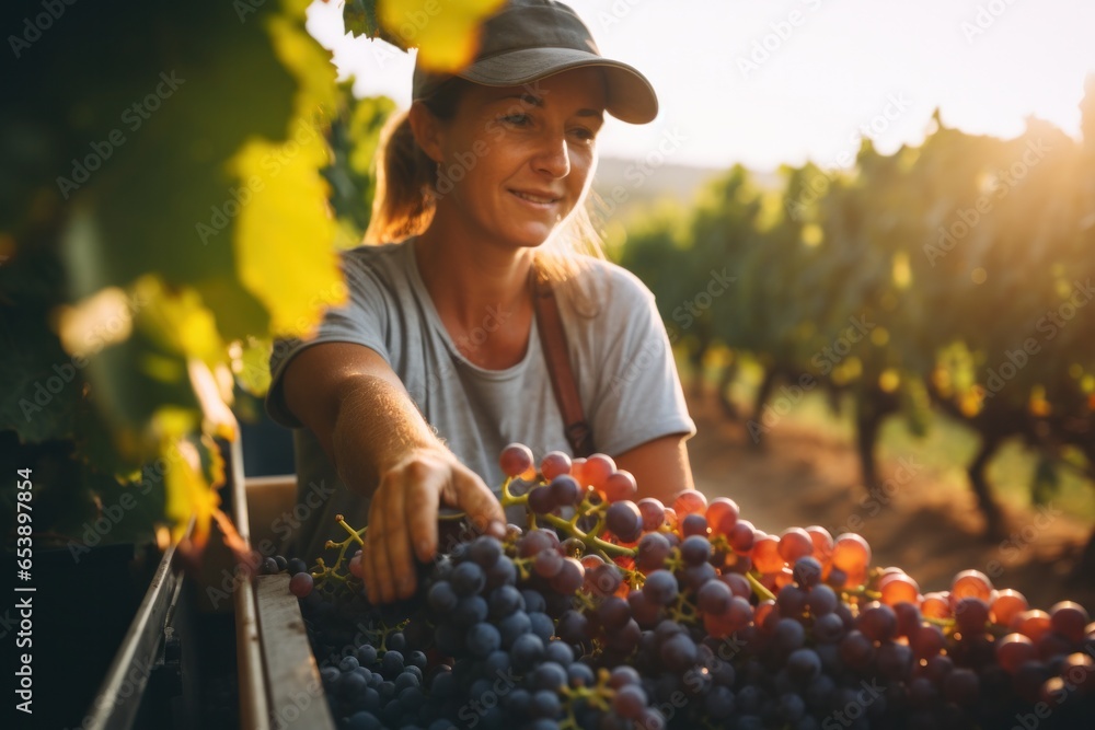 Female vineyard worker during grape harvest, close-up view. - obrazy, fototapety, plakaty 