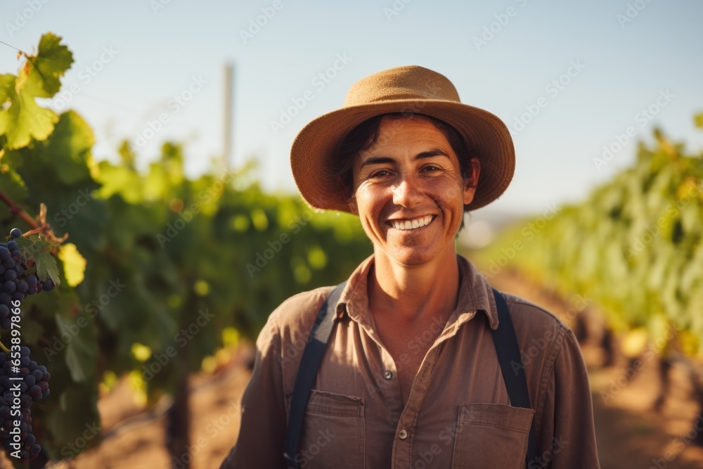 Female vineyard worker during grape harvest, close-up view.