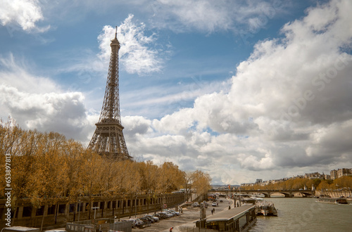 Paris, France - April 3 2019: Beautiful image of the Eiffel Tower and the Seine in a magnificent sunny day