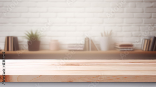 Empty wooden table template for showing products on background of blurred interior of school room. 