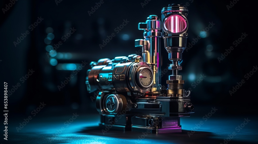 Fototapeta premium The Evolution of Machinery: Unveiling the Industrial Legacy through Antique Metal Equipment and Vintage Film Technology, generative AI