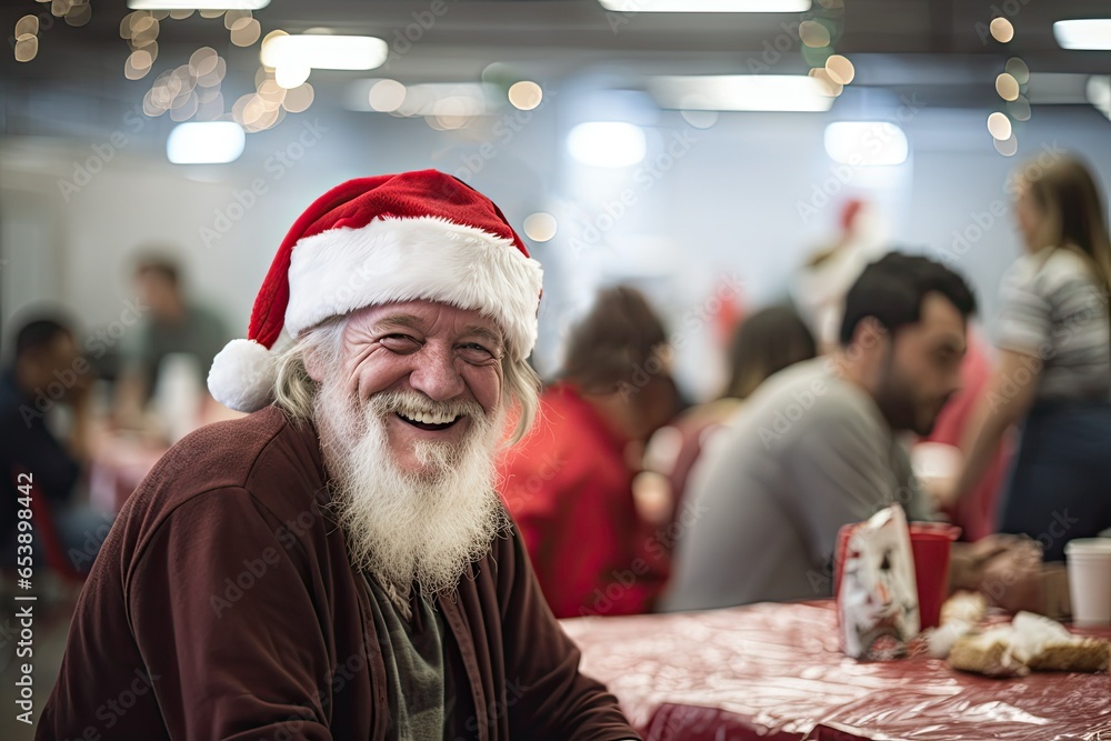 homeless European man wearing a Santa Claus hat sits surrounded by other people at a table in a shelter cafeteria,. Social assistance, volunteers homeless European man wearing a Santa Claus hat sits surrounded by other people at a table in a shelter cafeteria,. Social assistance, volunteers