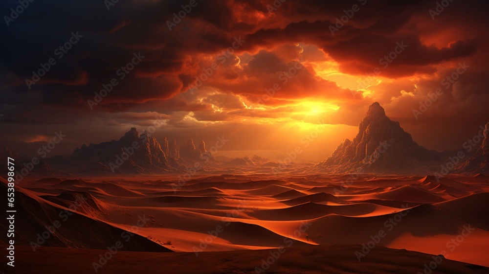 a desert at sunset, showcasing the warm hues of the sand dunes and the dramatic sky as day transitions to night