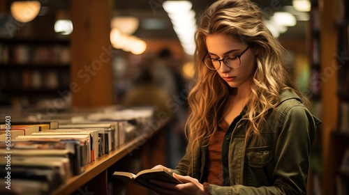 Young woman lost in a novel at a bookstore, quiet aisles.