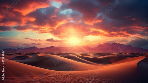 a desert at sunset  showcasing the warm hues of the sand dunes and the dramatic sky as day transitions to night