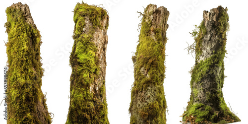 Collection of tree trunks covered in green foliage and moss close-up isolated on transparent background generative ai
