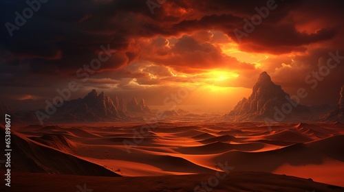 a desert at sunset, showcasing the warm hues of the sand dunes and the dramatic sky as day transitions to night
