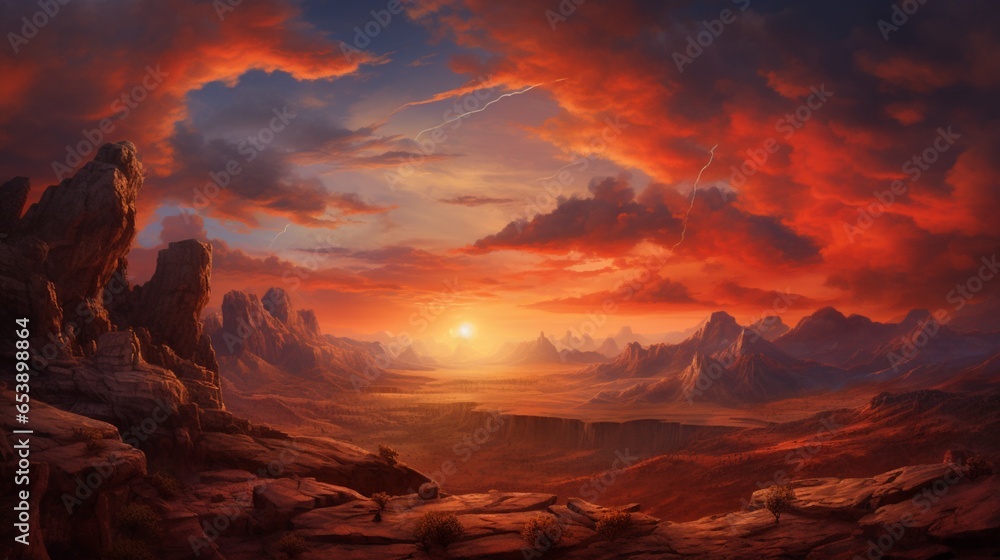 a dramatic sunset sky, where the warm colors contrast with the cold, rocky terrain, creating a breathtaking visual spectacle
