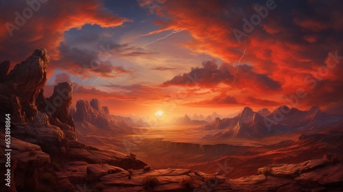 a dramatic sunset sky, where the warm colors contrast with the cold, rocky terrain, creating a breathtaking visual spectacle