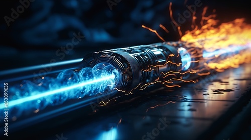 closeup blue flame coming out metal tube lasers glowing protagonist interconnections highly red atoms emitting bright thunderbolt energy released