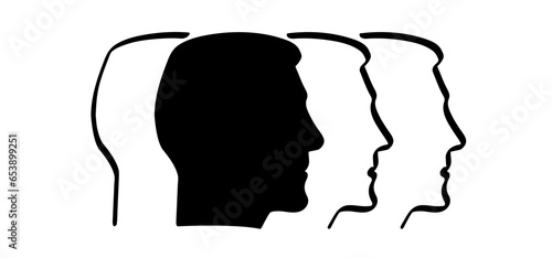 Cartoon face profile line pattern, two owerlap outline silhouette heads. Relationships, interpersonal communication, therapy abstract. People face icon or sign. Human heads symbol.