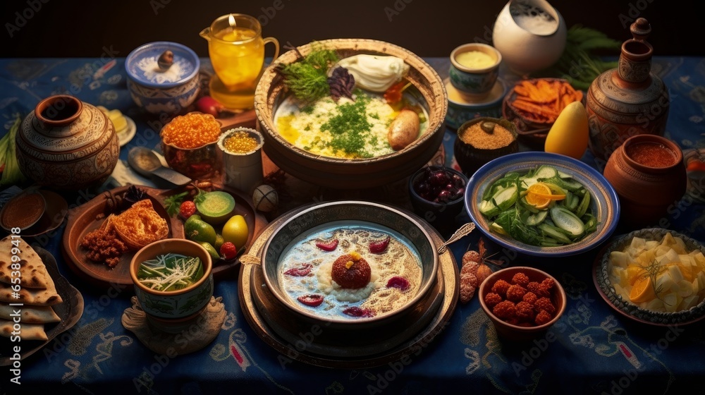 Traditional Ramadan Dinner Iftar Table with Traditional Turkish Green Lentil Soup