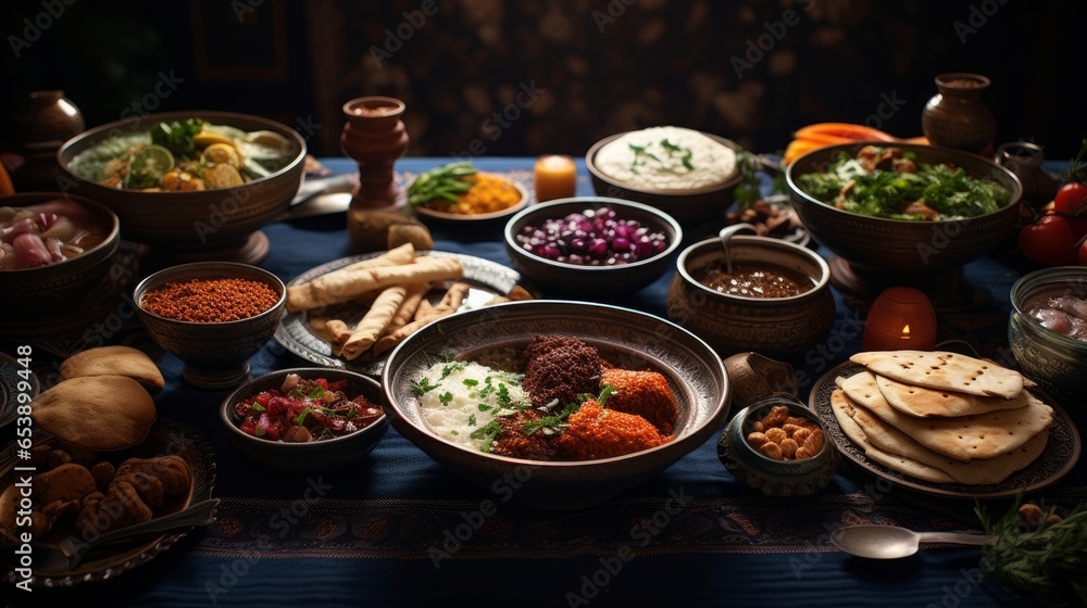 Traditional Ramadan Dinner Iftar Table with Traditional Turkish Green Lentil Soup Traditional Ramadan Dinner Iftar Table with Traditional Turkish Green Lentil Soup