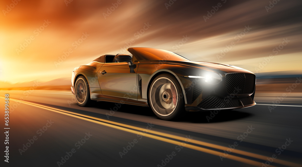 White generic and unbranded car speed driving at sunset, 3D illustration
