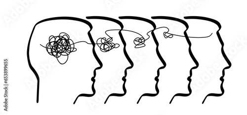 Cartoon brainstorming and mental problem solving, psychotherapy Concept. Complete and total confusion or lack of order. Brains with tangled knot and order in one man's head. Scribbles. Chaos path.