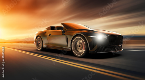 White generic and unbranded car speed driving at sunset, 3D illustration