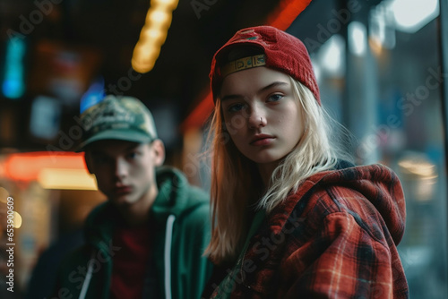 Portrait of stylish young teenager girl and other people on background at street of big west city