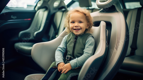 Portrait of a child sitting in a car in a modern child safety seat. Concept of child safety in a car, seat belt.