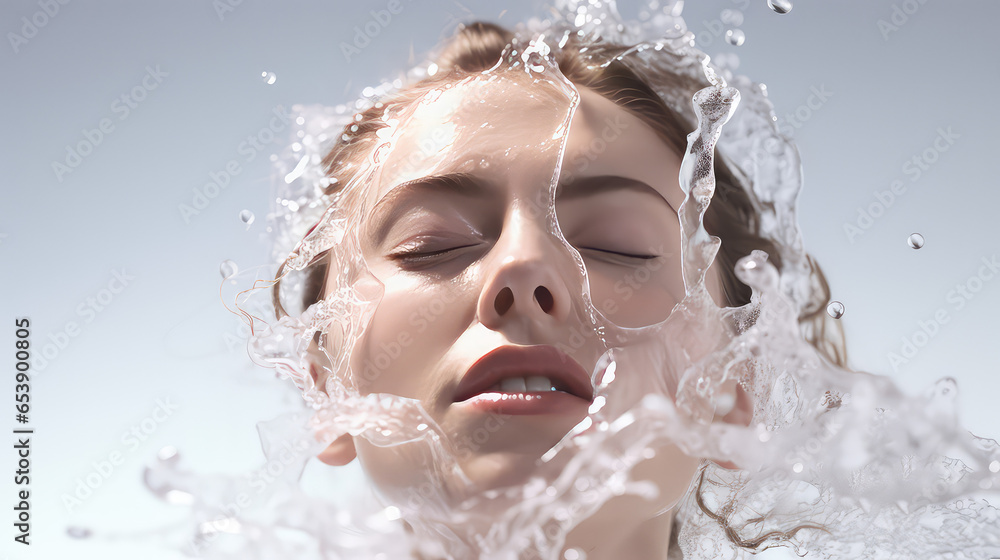 Portrait of a female face in drops and splashes of clear water. Creative concept of moisturizing facial cosmetics, copy space. Portrait of a female face in drops and splashes of clear water. Creative concept of moisturizing facial cosmetics, copy space.