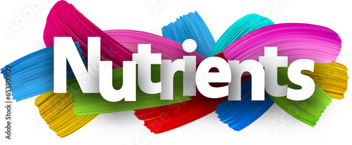 Nutrients paper word sign with colorful spectrum paint brush strokes over white.
