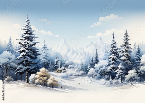 snowy landscape trees cabin kids drawing panoramic imagery computer graphics promotional large patches plain colors young random arts korean monochromatic digital advertisements stunning  © Cary