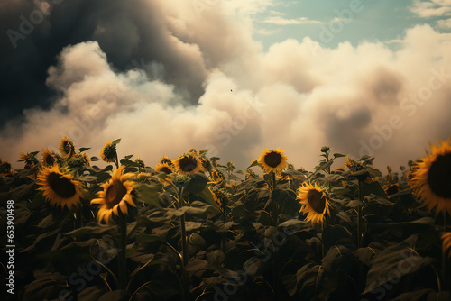 A field of sunflowers in smoke