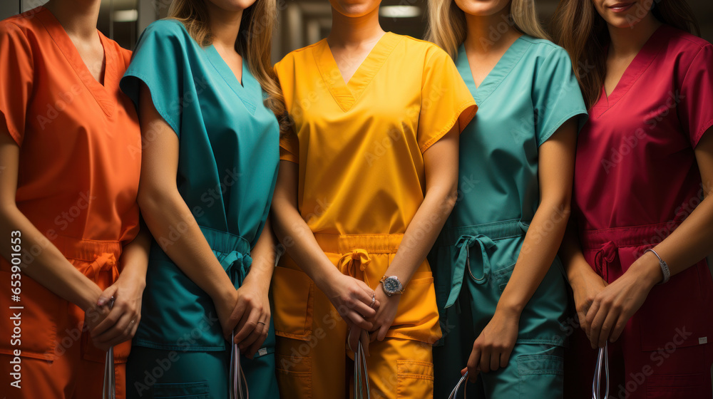 team or group of doctors and nurses in colored surgical suits team or group of doctors and nurses in colored surgical suits