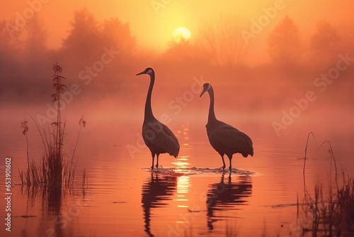 Some cranes on a lake © frimufilms
