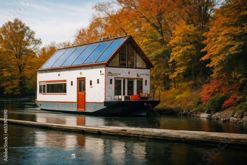 Digital photo of a beautiful small houseboat at the cozy river at autumn. Dreamy biophilic design
