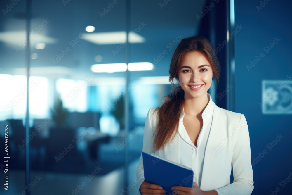 Business woman holding file folder. Portrait of an office worker professional look. Close-up view. - obrazy, fototapety, plakaty 