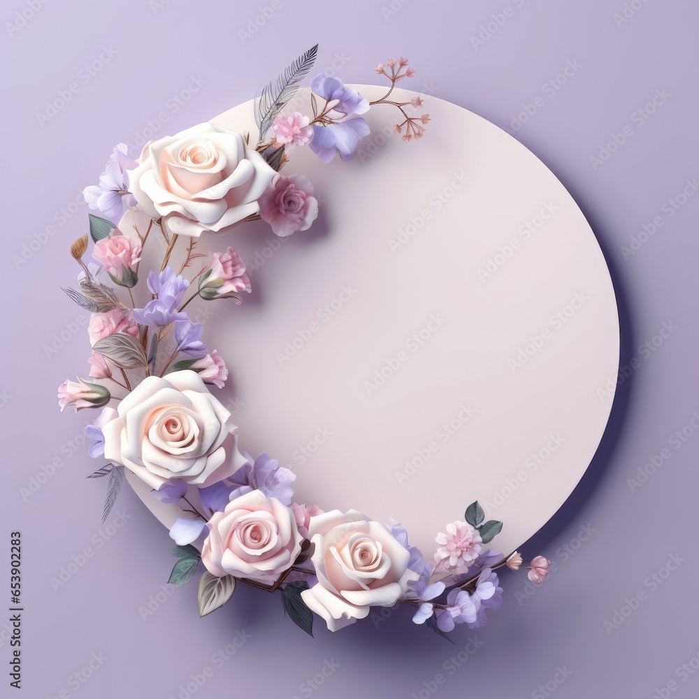 Beautiful Focused on the frame from white and purple rose and branches, isolation, plain soft baby pink copyspace background. Generative AI image weber.