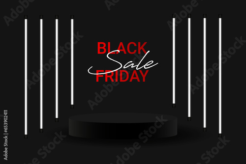 White neon light 3D black geometric stage podium for Mega sale special offer on Black Friday.Vector illustration.