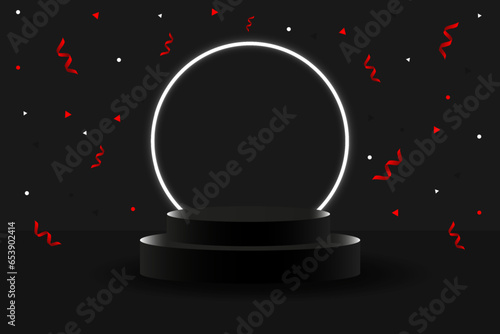 Black 3D geometric stage podium white neon light serpentine confetti for Black Friday sale concept and scene for products stage showcase. Vector illustration.
