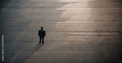 minimalist concept top view of a man on a paved square, strong contrast and shadow